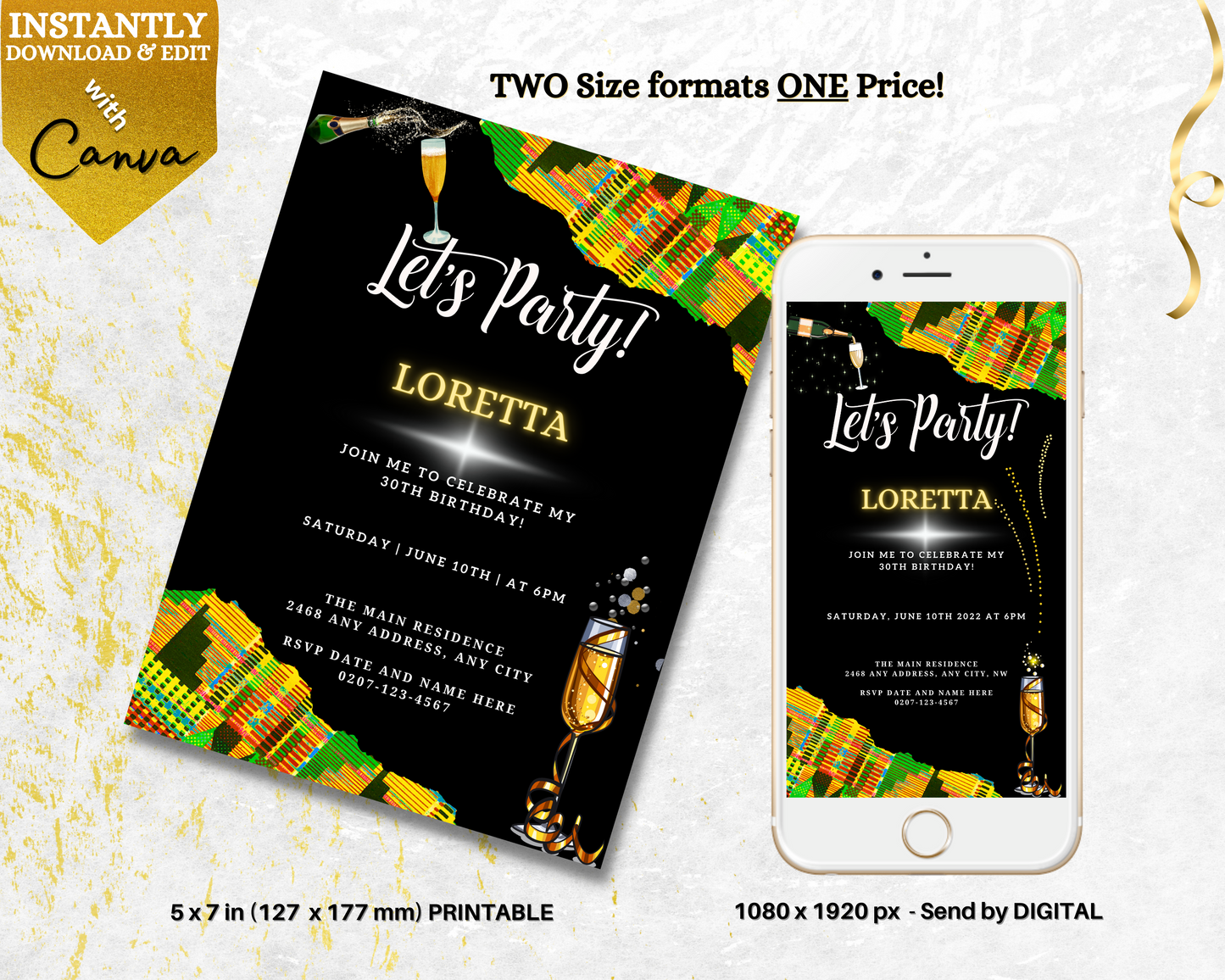 Phone displaying a Green Yellow African Kente Editable Birthday Party Evite, alongside a customizable invitation template and a glass of champagne.