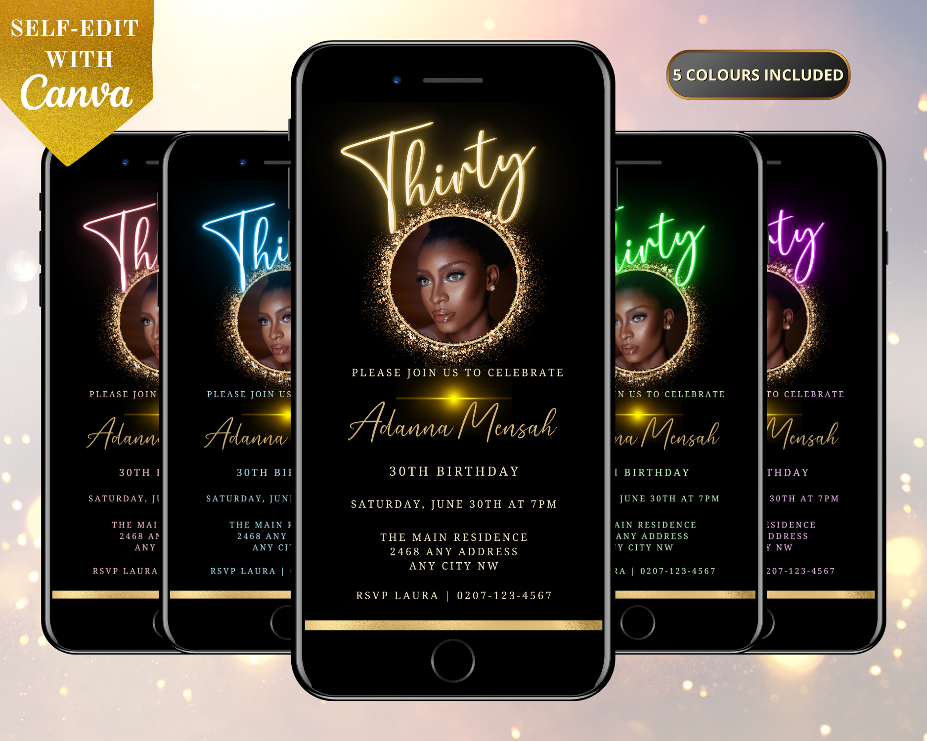 Group of smartphones displaying a customizable digital 30th birthday invitation template with a woman's photo in an oval gold frame.