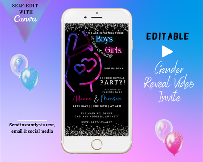 White smartphone displaying Twins Glowing Pregnant Mom | Digital Gender Reveal Invite, featuring a pregnant belly and balloons.