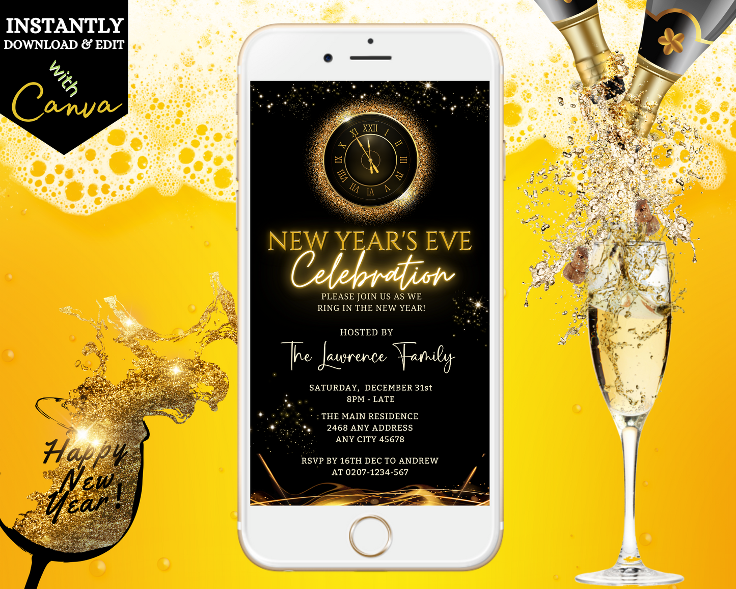 Gold Glitter Clock Celebration Neon Evite on smartphone next to a champagne glass, showcasing a customizable New Year's Eve party invitation template.