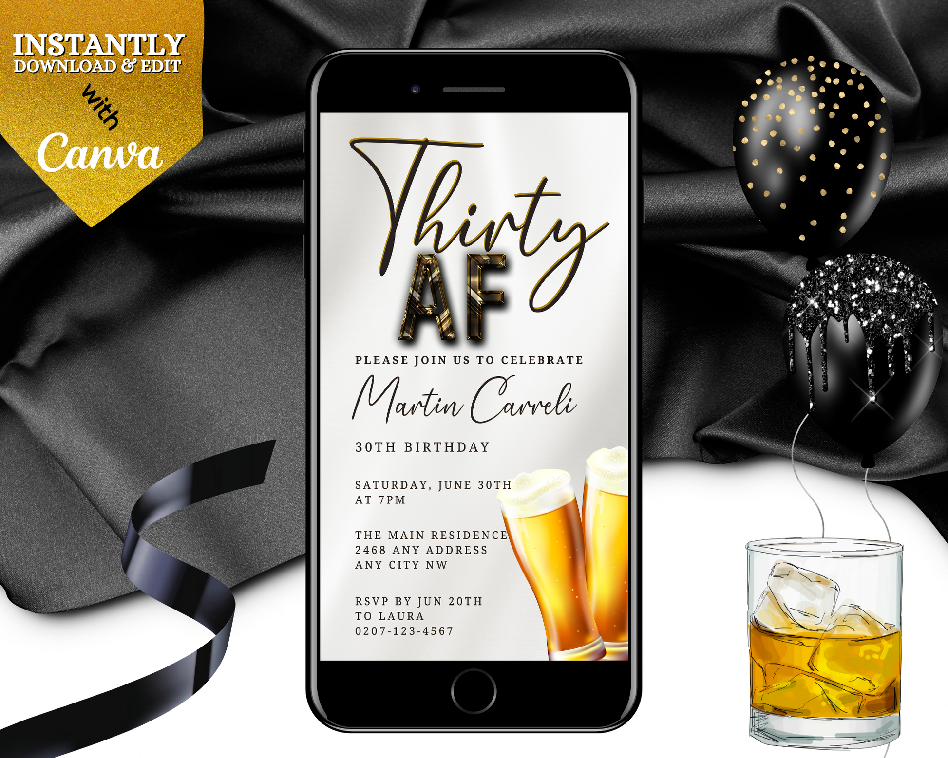 Customizable Digital White Gold Beer Thirty AF Party Evite displayed on a smartphone with a celebratory drink, balloons, and an invitation card nearby.