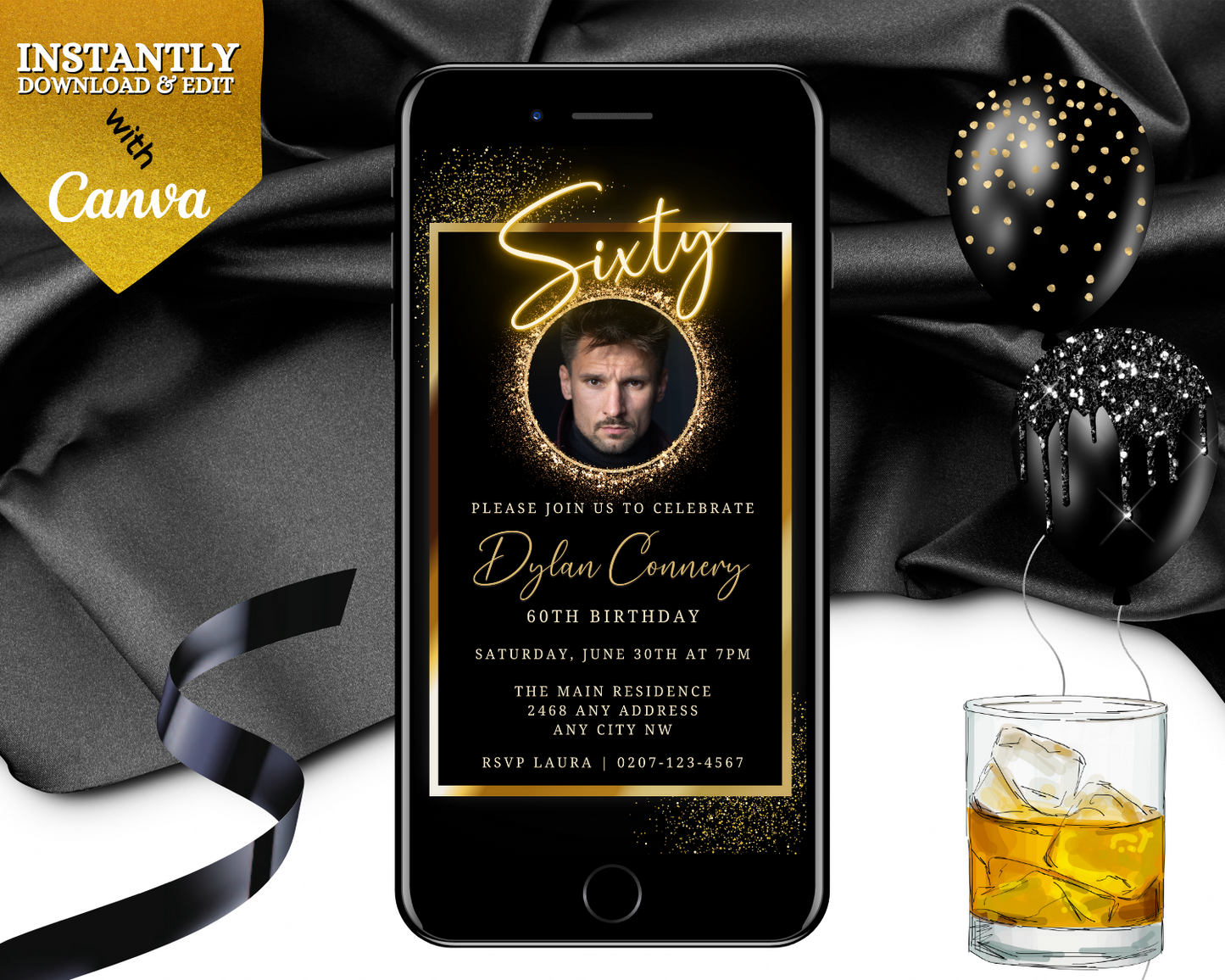 Customizable Digital Neon Gold Oval Photo Frame for 60th Birthday Evite displayed on smartphone with a man's photo; includes whiskey glass, invitation, and decorative balloon.