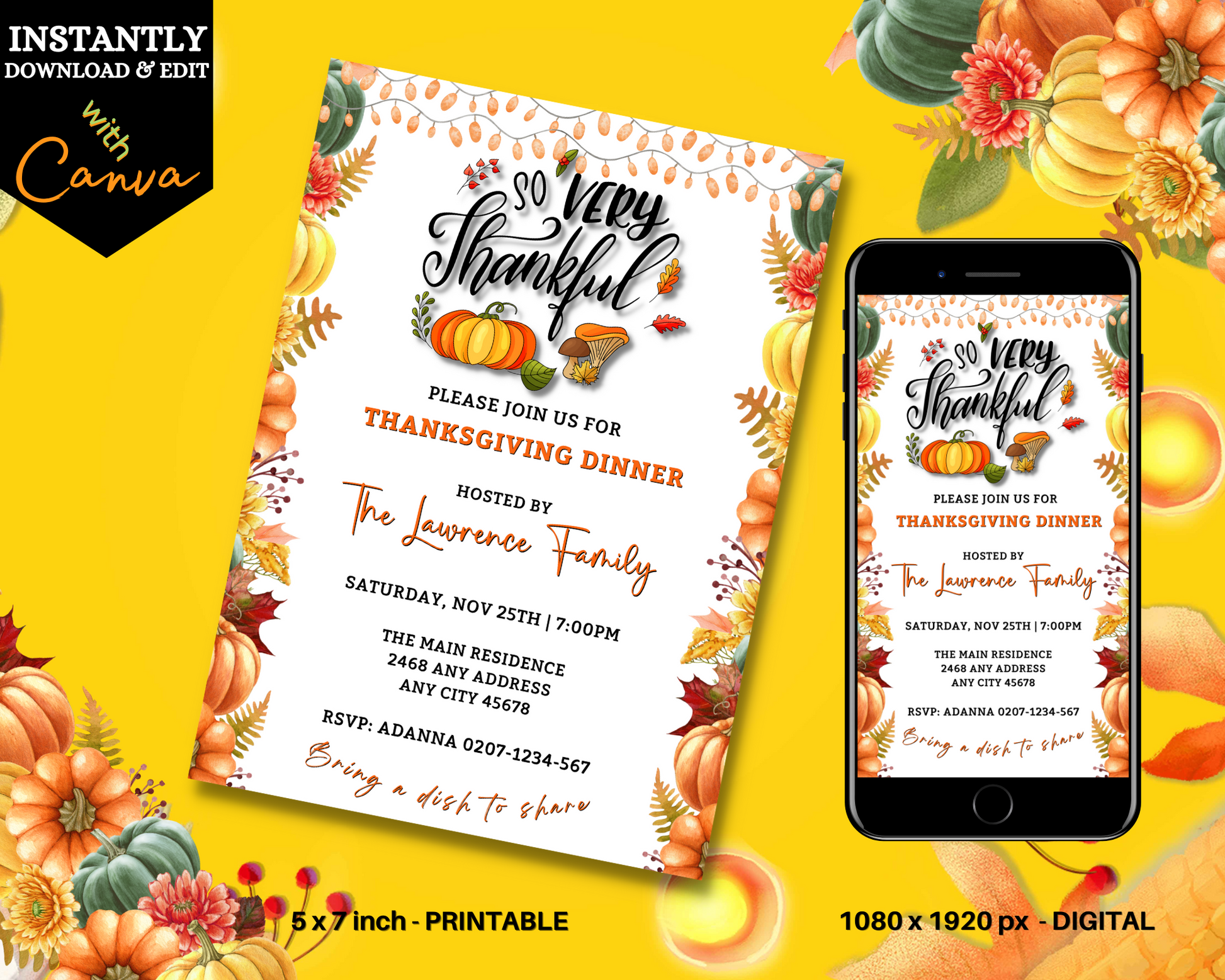 Colourful Fall Leaves Pumpkins | Thanksgiving Evite template displayed on a phone and an invitation card, customizable via Canva for electronic sharing.