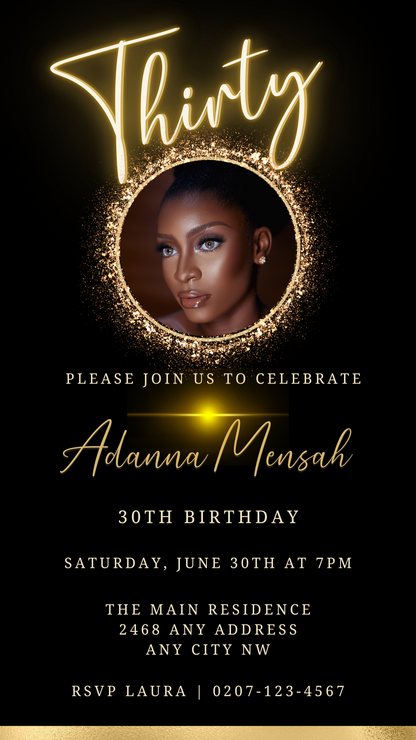 Customisable digital invitation featuring a woman's face with makeup in a gold oval frame for a 30th birthday. Editable using Canva for electronic sharing.