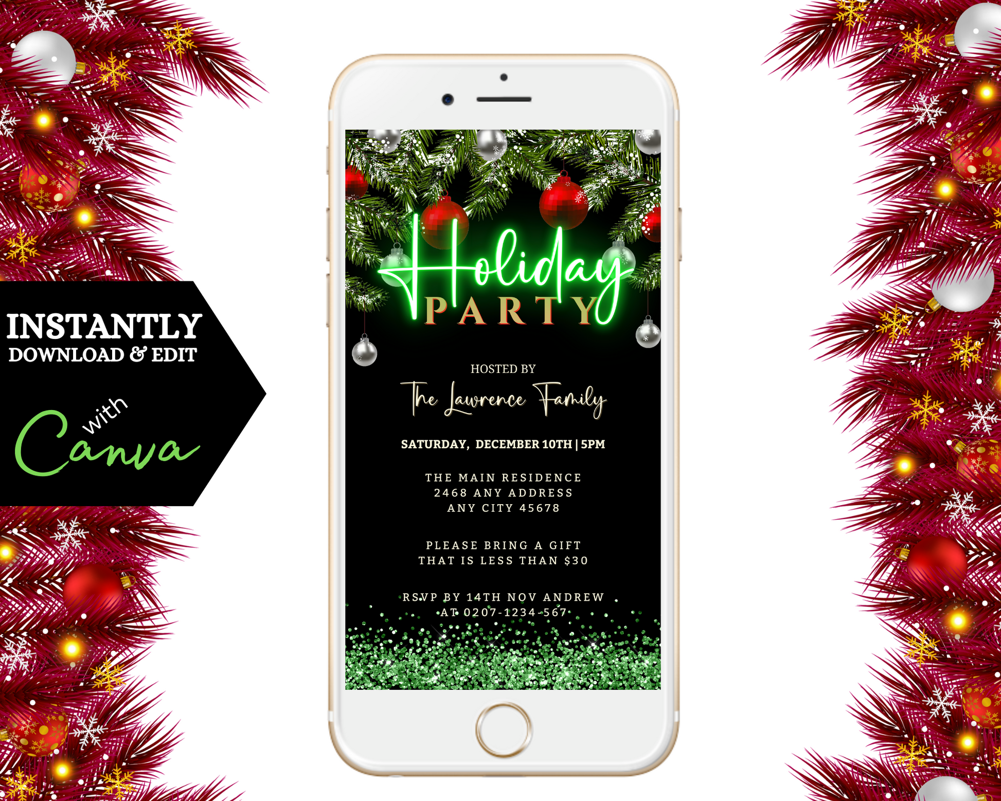 White cell phone displaying a customizable Green Neon Red Silver Ornament Holiday Party Evite template, perfect for personalizing and sending via smartphone.
