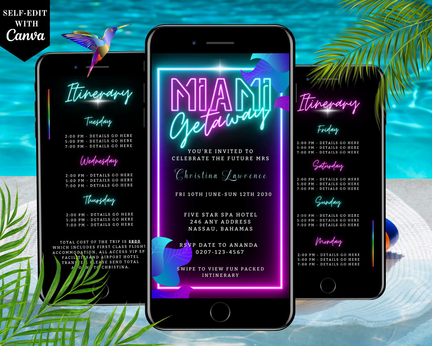 Miami Teal Pink Neon | Getaway Party Evite displayed on multiple smartphones with neon lights, customizable invitation template for events, editable via Canva.