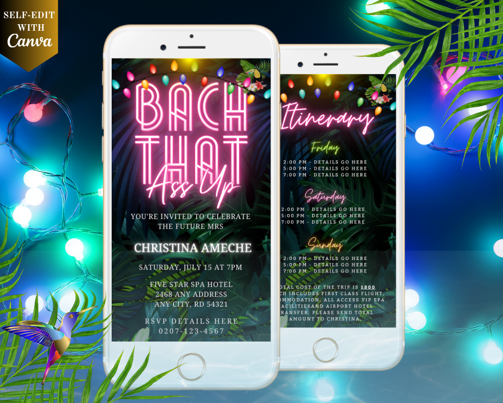 Two customizable smartphones displaying a Tropical Neon Pink Bach That Ass Up Weekend Evite invitation template, designed for easy personalization and electronic sharing.