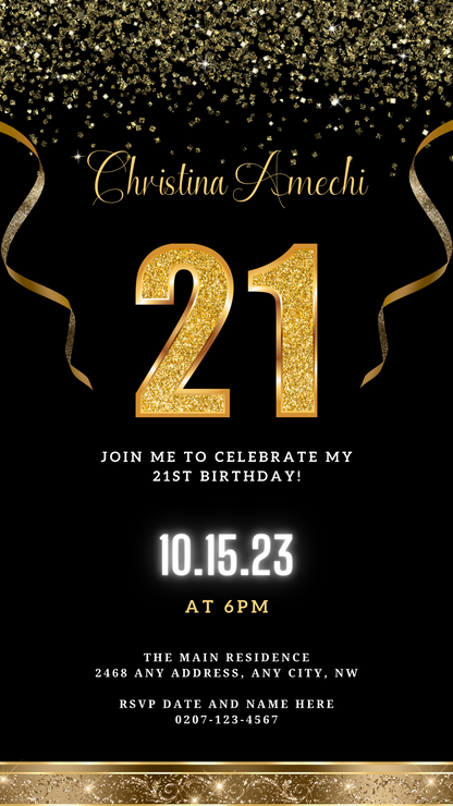 Black Gold Confetti 21st Birthday Evite featuring customizable gold ribbons, numbers, and confetti on a black background, ideal for digital invitations via smartphone.