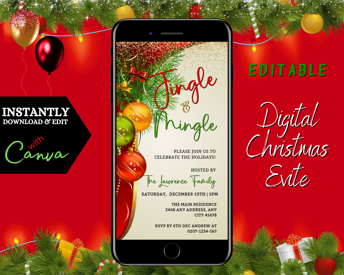 Smartphone displaying a customizable Christmas Party Evite titled Colourful Jingle & Mingle, editable via Canva for instant download and digital sharing.