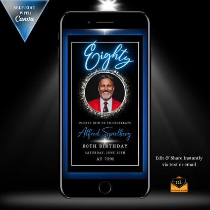 Blue & Silver 80th Birthday Video Invitation on a smartphone screen, featuring a man's photo in an oval frame, ideal for digital sharing.