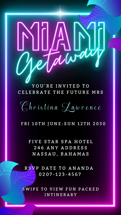 Customizable Miami Teal Pink Neon Getaway Party Evite with vibrant neon text, editable via Canva for easy sharing on smartphones.