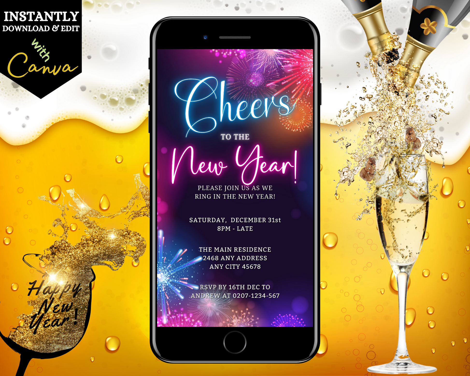 Pink Blue Neon Fireworks Cheers | New Years Party Evite displayed on a smartphone screen alongside champagne glasses, representing a customizable digital invitation template for New Year's 2024.