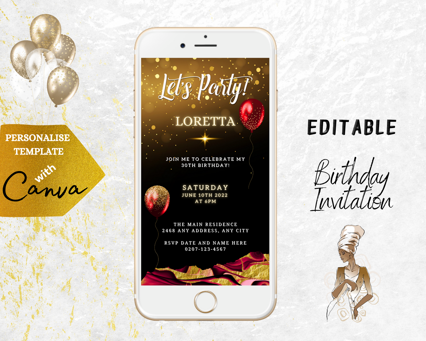 Customizable Digital Burgundy Gold Ankara Balloons Editable Party Evite displayed on a white smartphone screen, alongside a black and gold invitation with festive balloons and stars.