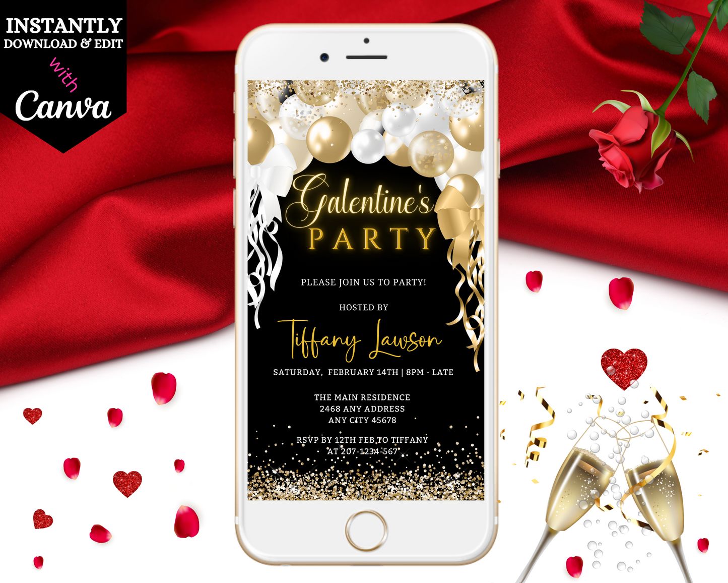 Gold White Balloons Glitter Galentines Party Evite displayed on a smartphone screen, surrounded by festive elements like roses, confetti, and balloons.