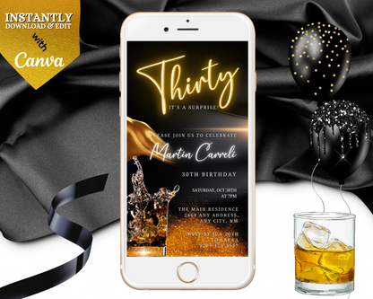 Black Gold Neon | 30th Surprise Party Evite displayed on a smartphone screen, featuring a digital invitation template with a whiskey glass graphic.