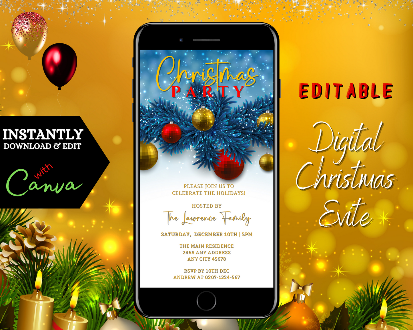 Smartphone displaying a customizable Christmas party invitation with blue, gold, and red ornaments. Editable via Canva for easy personalization and electronic sharing.