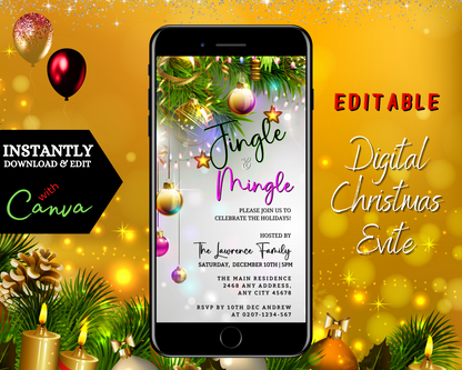 Editable Digital Jingle & Mingle Rose Gold Christmas Party Invitation displayed on a smartphone screen, showcasing customizable text and holiday-themed visuals.