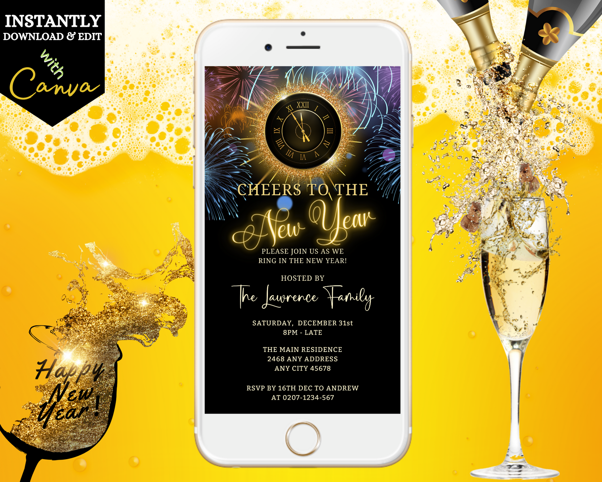 Smartphone displaying a digital New Year's Eve invitation with a champagne glass and fireworks, featuring a customizable clock design.