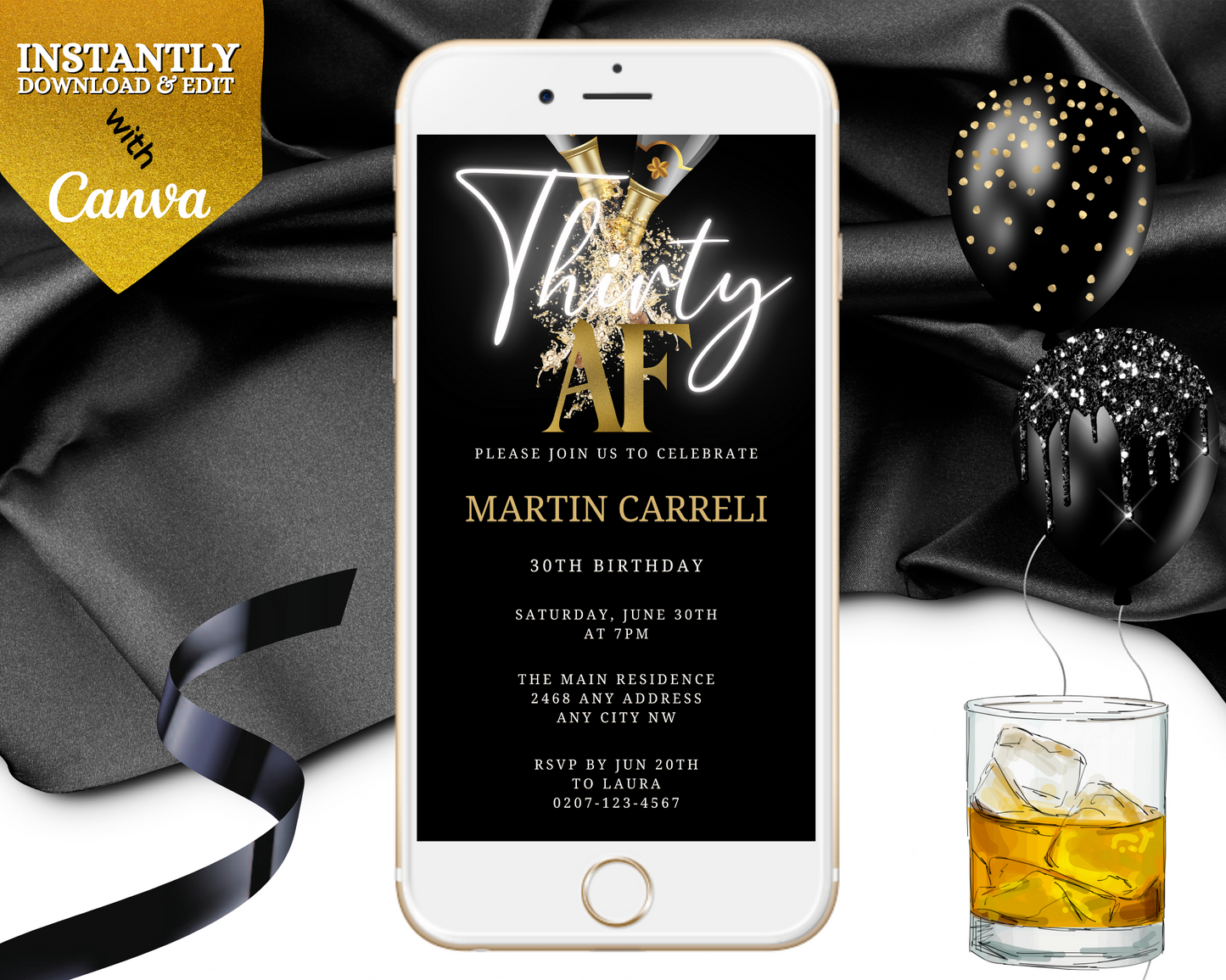 Black Gold Champagne White | Thirty AF Party Evite with a smartphone, balloons, and a drink, showcasing a customizable digital invitation.