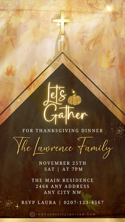 Thanksgiving Dinner Golden Cross Video Invitation featuring an animated white pumpkin with gold neon accents for an elegant digital celebration.