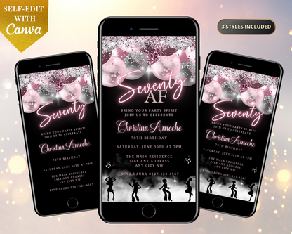 Mauve Pink Silver Neon | 70AF Birthday Evite displayed on smartphones with pink and silver balloons, customizable via Canva for digital invitations.