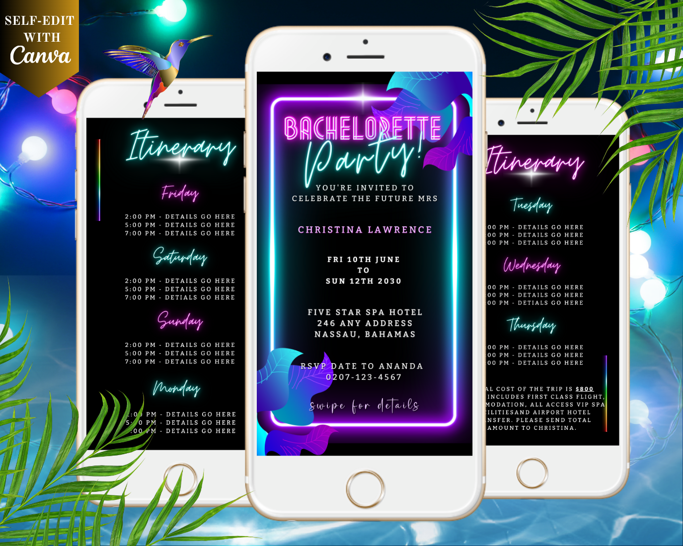 Group of white smartphones displaying a customizable digital neon pink aqua black bachelorette getaway party evite template.