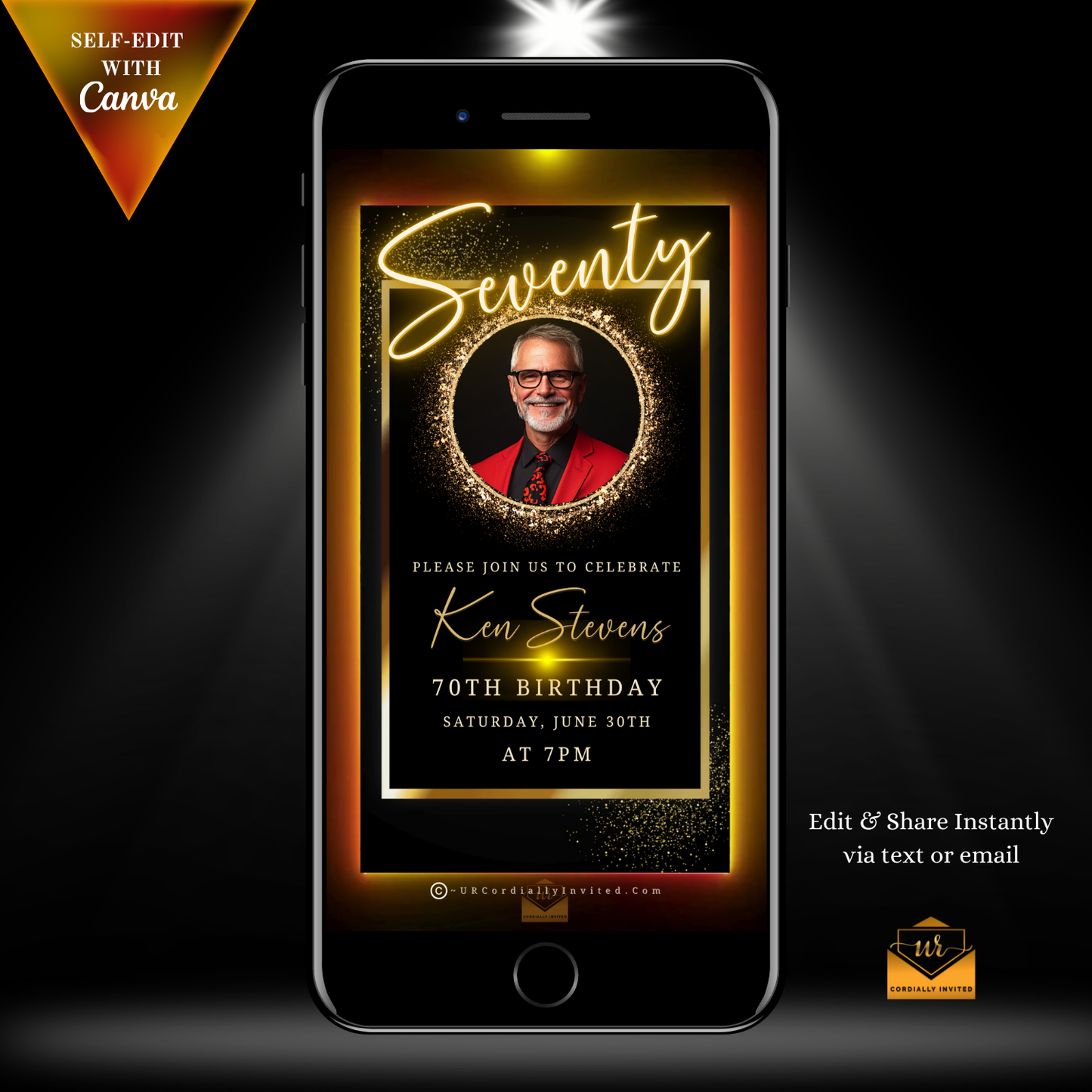 60th Birthday Video Invitation showing a man's photo within a gold oval frame on a mobile screen, designed for elegant milestone celebrations.