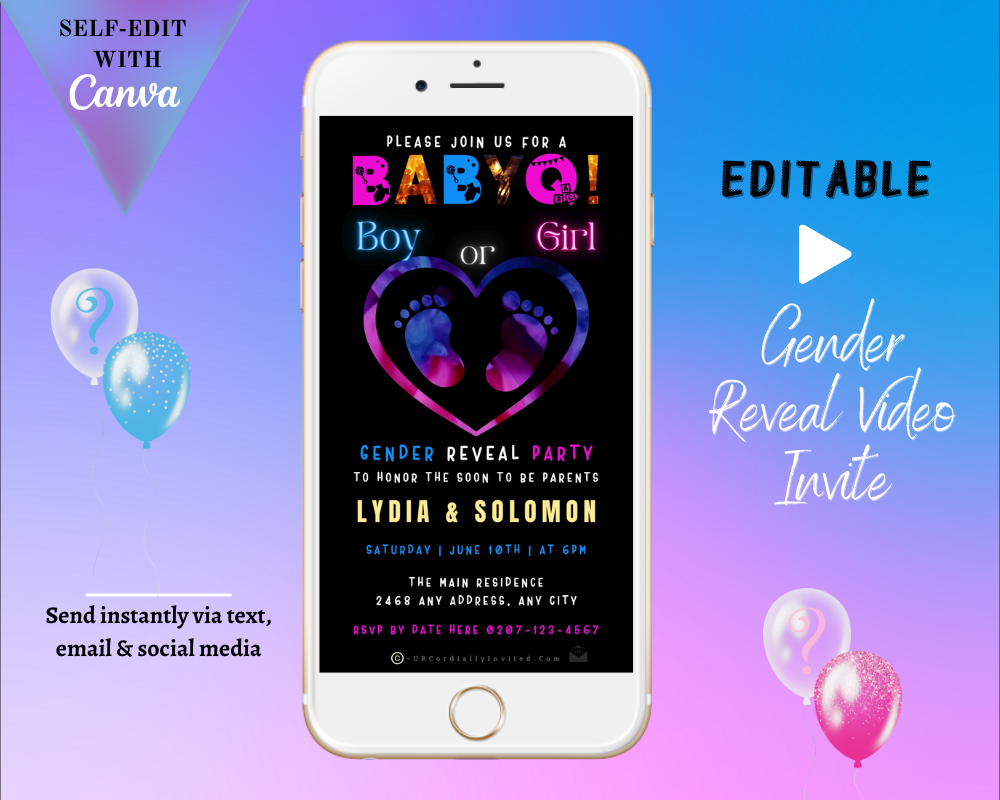 White smartphone displaying a customizable Animated BABYQ Blue Pink Feet Heart Digital Gender Reveal Invite on its screen, featuring balloons and invitation details.