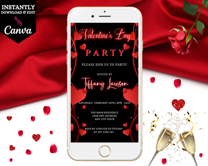 Smartphone displaying editable Black Neon Red Border Hearts Valentine Party Evite, surrounded by red roses, showcasing customizable digital invitation template.