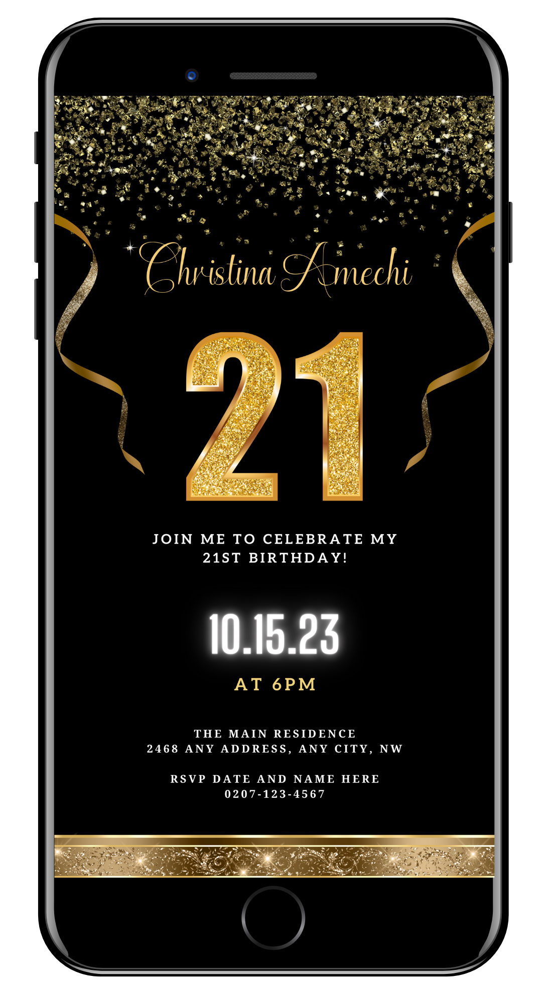 Black Gold Confetti | 21st Birthday Evite featuring gold text and ribbons on a black background. Customizable via Canva for smartphones, tablets, and PCs. Download and personalize instantly.