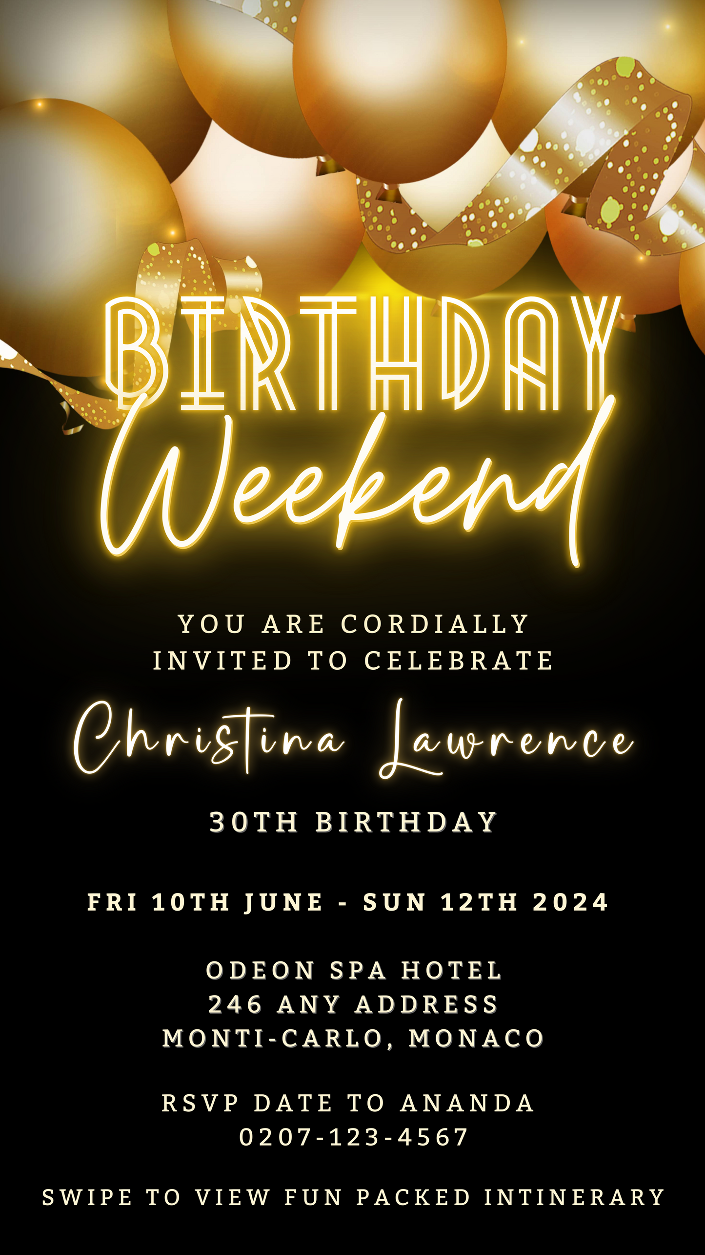 Black Neon Gold Balloons | Birthday Weekend Evite featuring customizable text and graphics, balloons, and ribbons in a digital format for easy personalization and electronic sharing.
