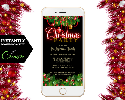 White smartphone displaying a Green Red Neon Ornaments Christmas Party Evite, customizable via Canva for digital sharing through text, email, or social media.