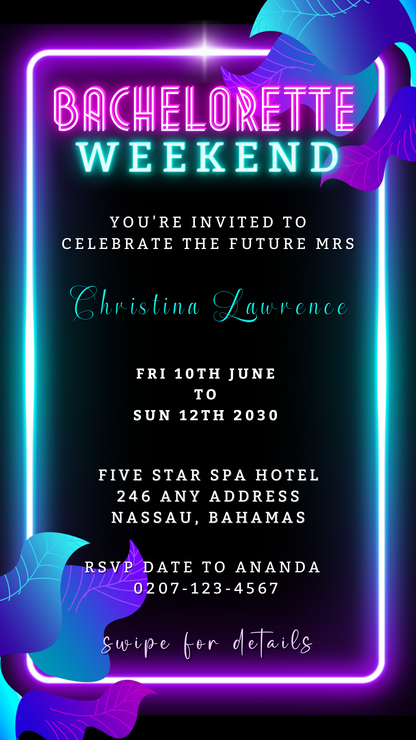 Customizable Neon Pink Aqua Black Bachelorette Weekend Evite featuring neon lights and editable text for digital invitations via Canva.