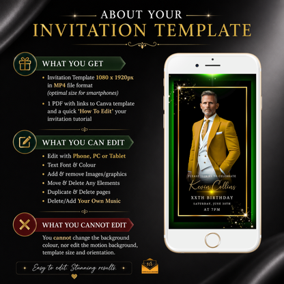 Gold Black Green Luxury Men’s Animated Birthday Invitation Suite
