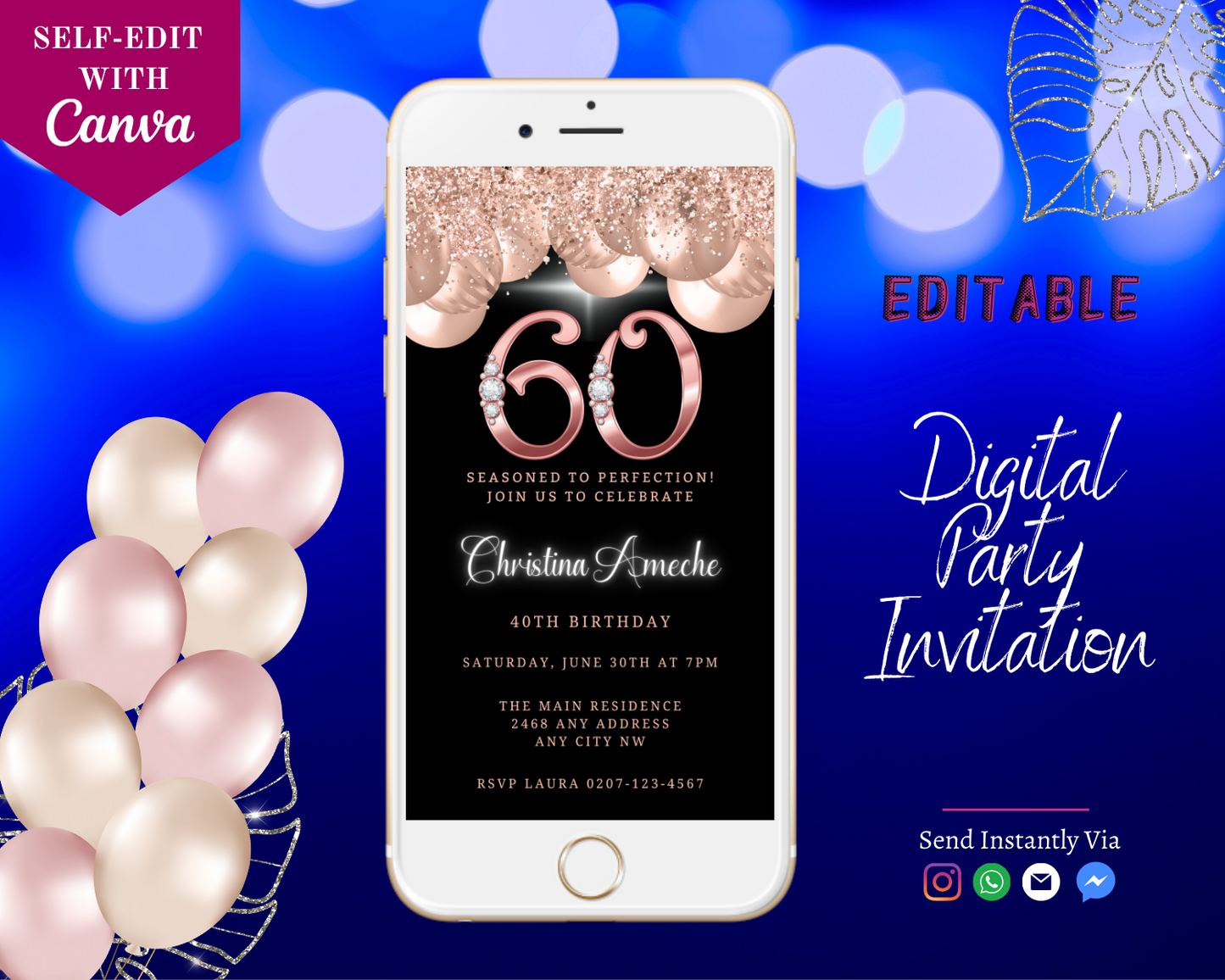 White smartphone displaying Rose Gold Balloons Diamond Studs 60th Birthday Evite template, featuring customizable pink and gold balloons and diamond accents.