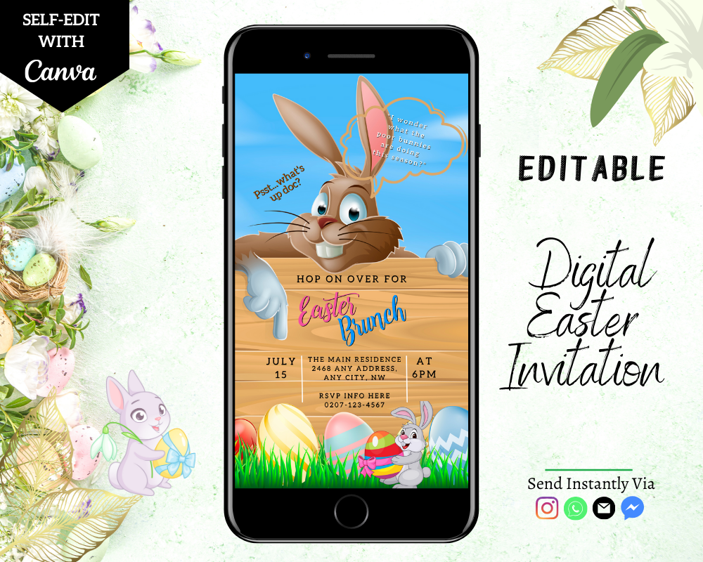 Smartphone displaying a Brown Easter Bunny Easter Brunch Barbeque Evite, featuring a cartoon bunny on the screen.