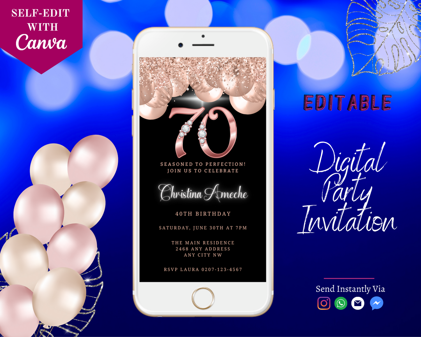 White smartphone displaying a customisable Rose Gold Balloons Diamond Studs | 70th Birthday Evite, beside pink and white balloons.
