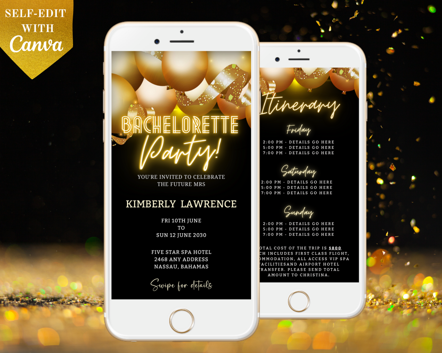 White smartphones displaying a customizable digital invitation with gold balloons for a Bachelorette Weekend, designed for easy editing and sharing via Canva.