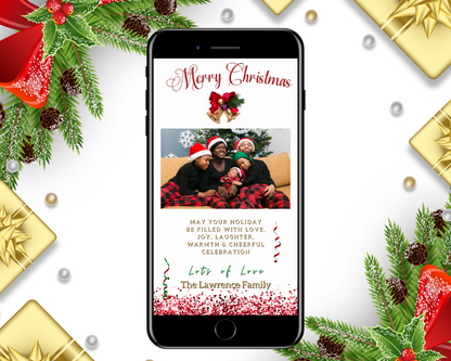 Smartphone displaying a customizable digital Christmas greeting ecard featuring a family photo and festive decorations, including gold, red bells, and confetti.