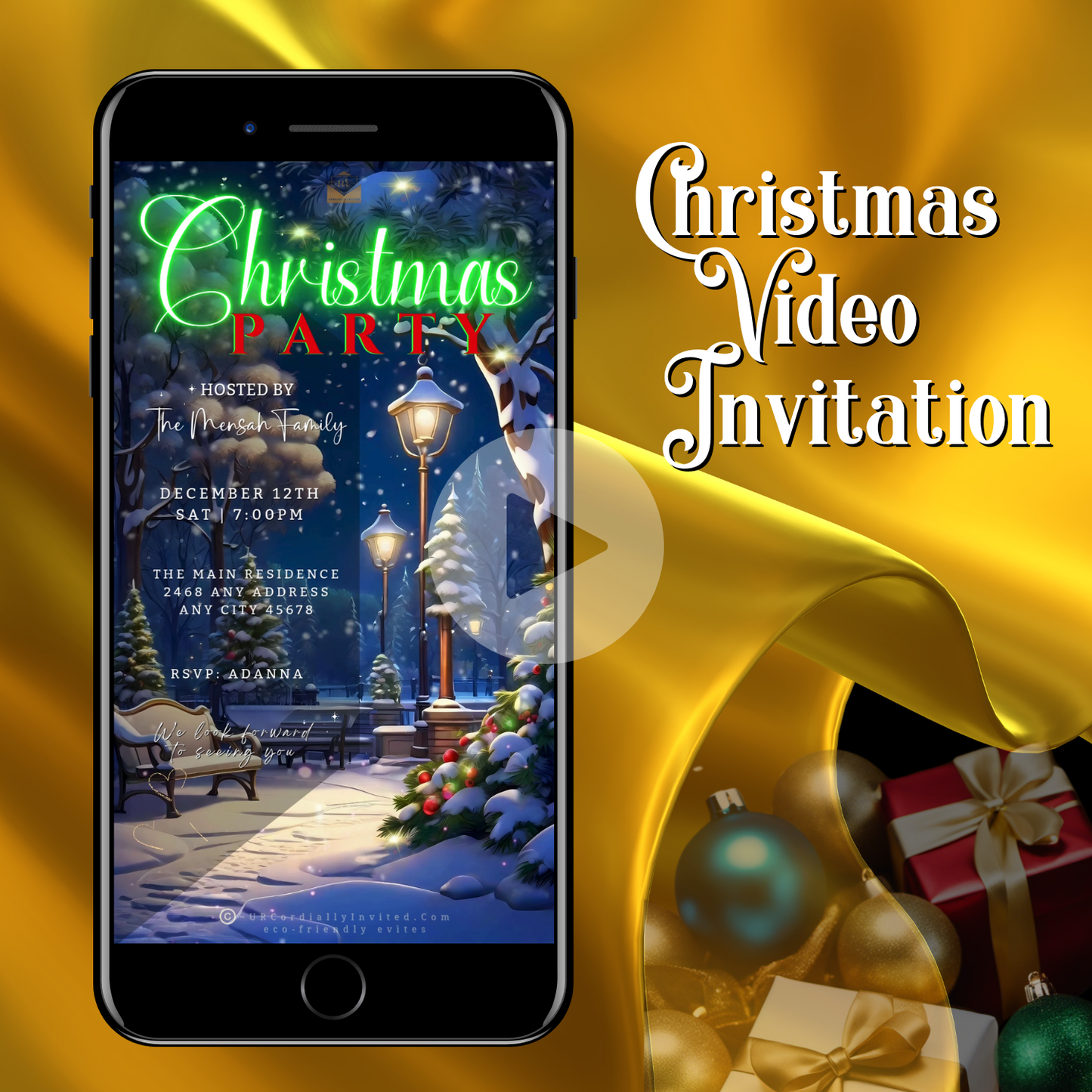 Christmas Party Video Invitation with animated snowy landscape, glowing street lamps, and decorated trees, ideal for festive gatherings, customizable via Canva for digital sharing.