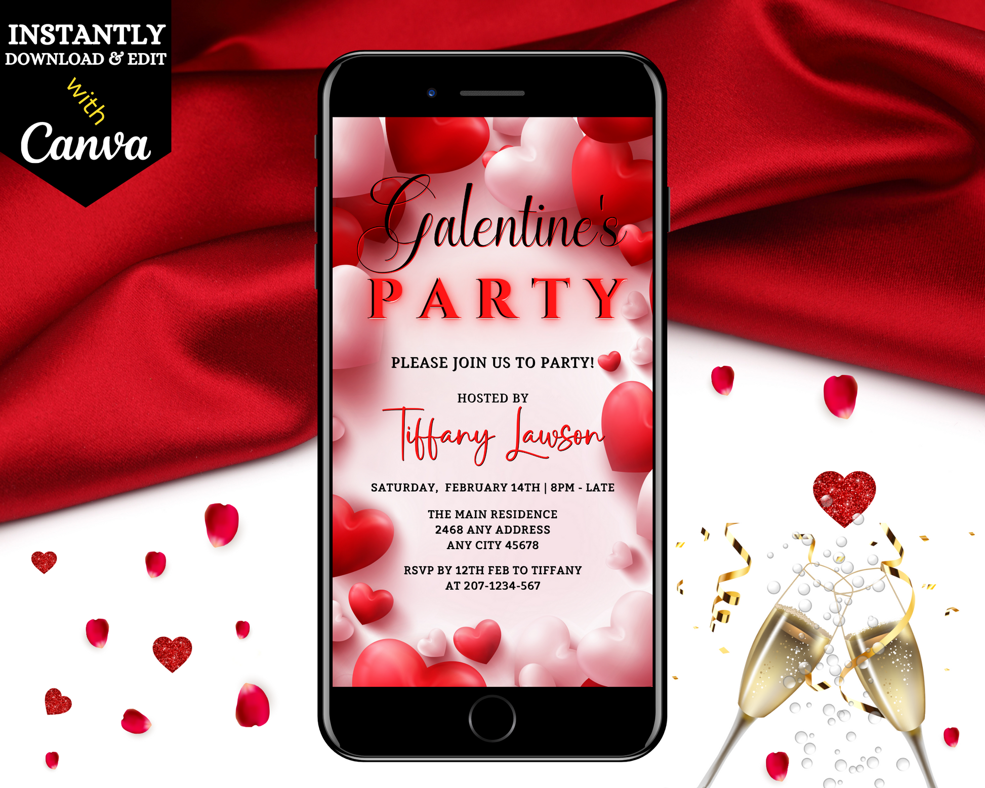Smartphone displaying the Editable Digital White Boarder Red Hearts Galentines Party Evite template, surrounded by red cloth and confetti.