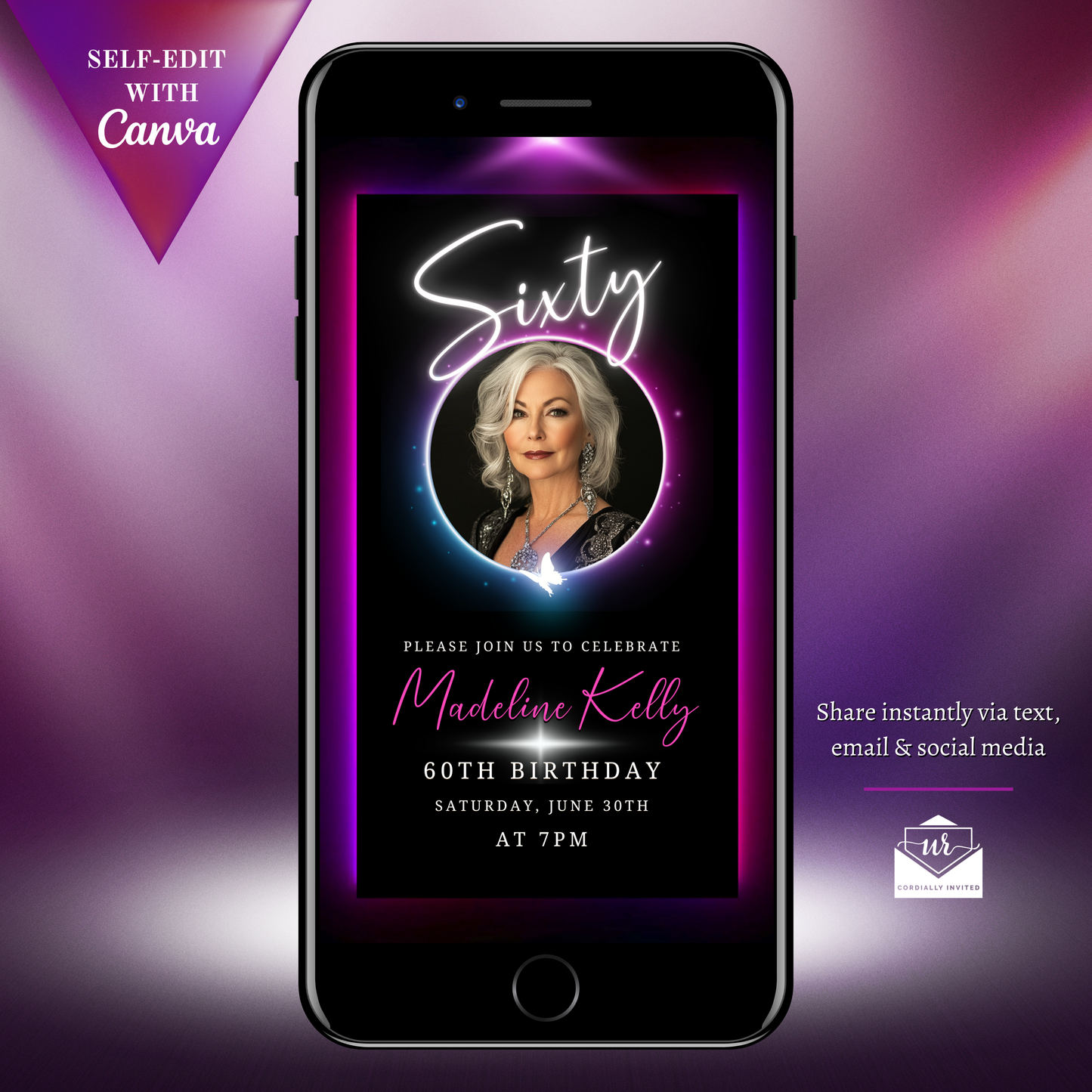 60th Birthday Video Invitation - Pink & Purple Oval Photo Frame Animated Invite, showcasing a smartphone displaying the elegant invitation design with a woman's photo and vibrant border.