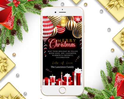 Gold Red Neon Presents Merry Christmas Greeting Ecard displayed on a smartphone screen, surrounded by festive holiday decorations like red and gold balloons and gift boxes.