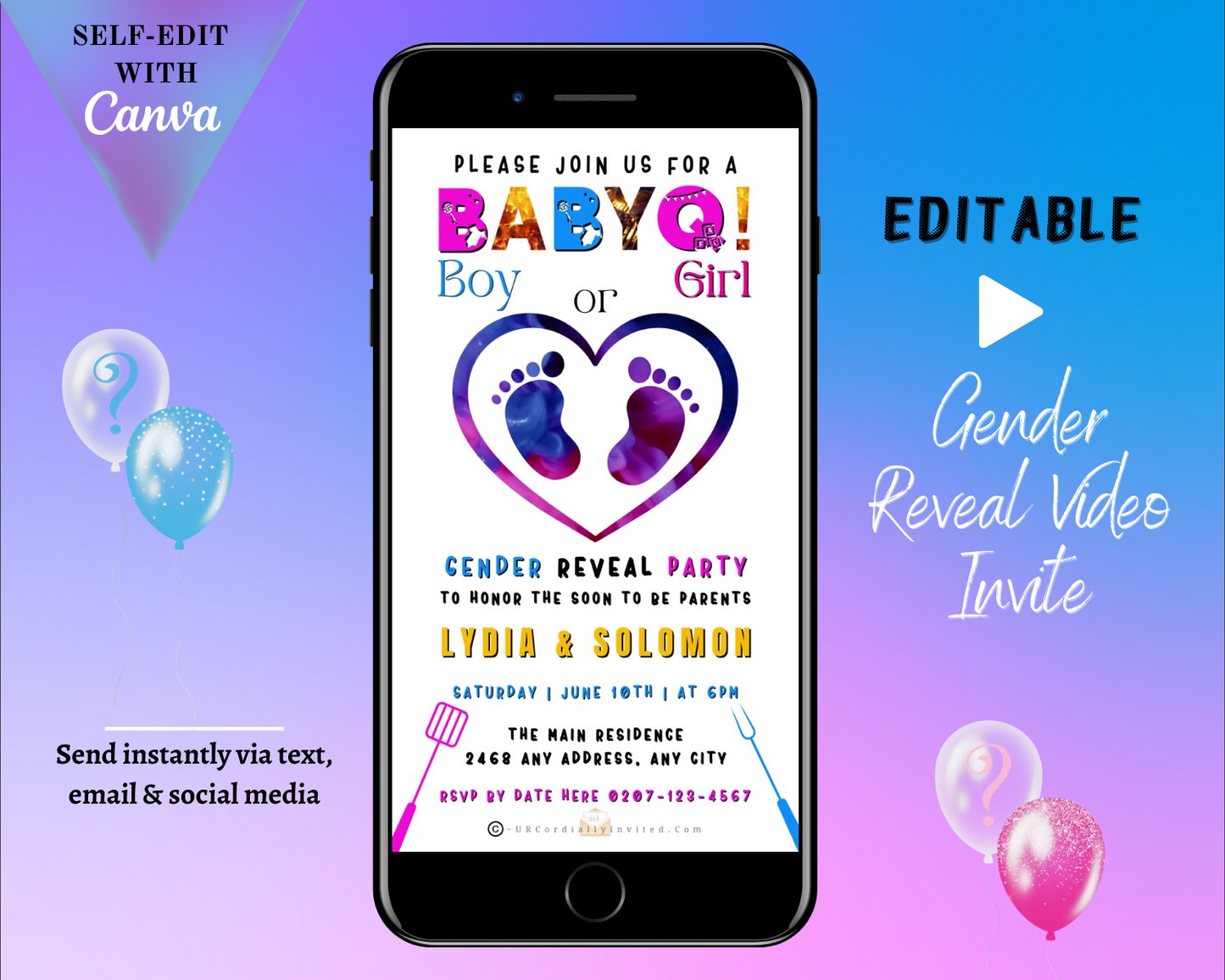 Smartphone displaying customizable BABYQ Feet In Heart Digital Gender Reveal Video Invite, showing heart with footprints on invitation screen, ideal for personalizing and sending electronically via text or email.