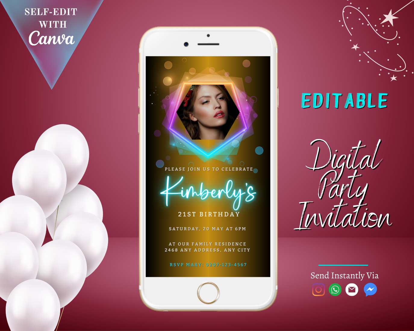 White smartphone displaying a customizable digital birthday party evite featuring a woman's photo, tailored for easy personalization and electronic sharing.