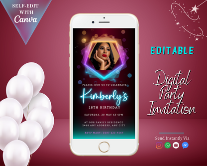 White smartphone displaying a customizable digital birthday party invitation template featuring a woman's photo, designed for easy editing and sharing via the Canva app.