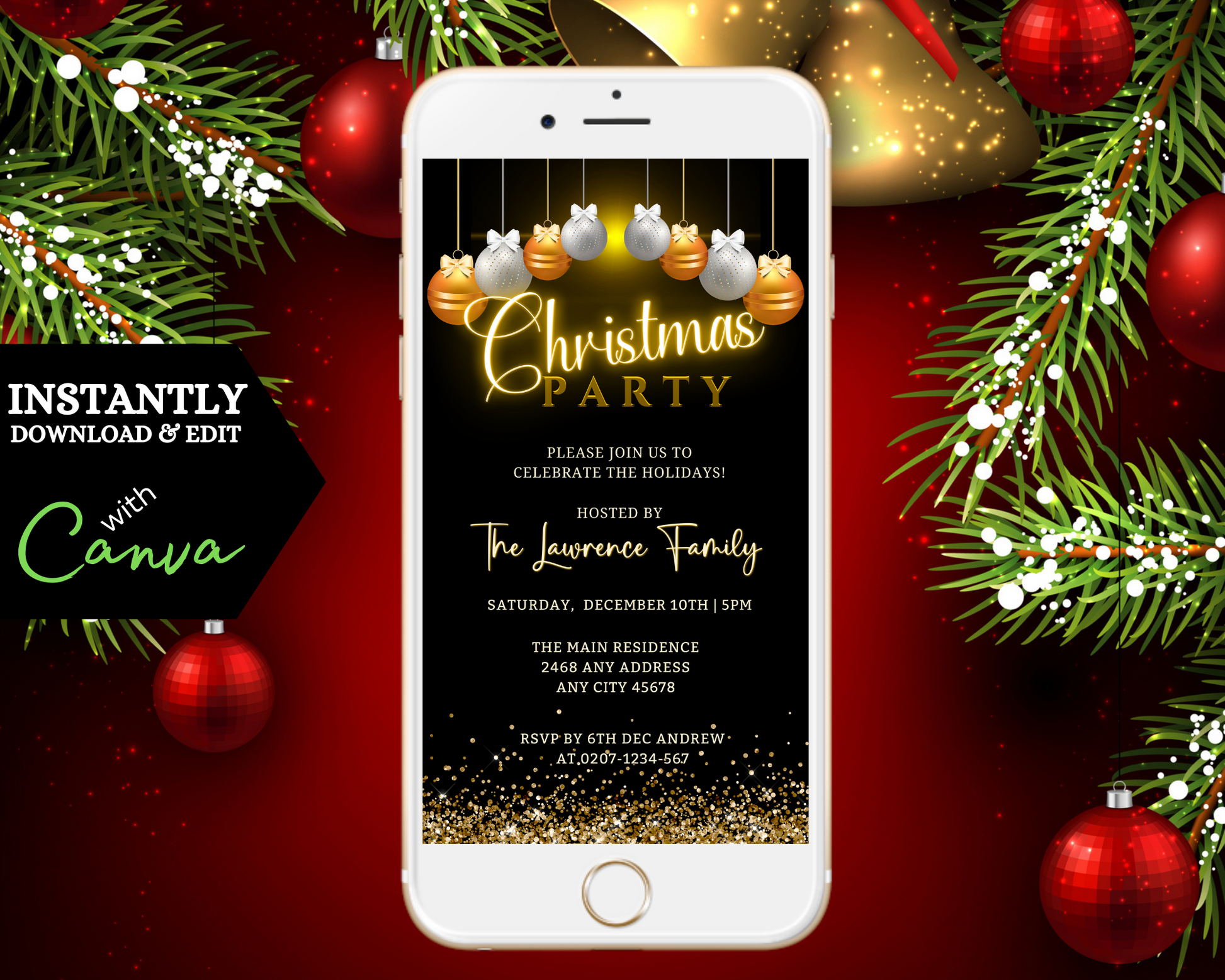 Editable Digital Gold Silver Glitter Christmas Party Evite displayed on a smartphone screen with festive ornaments.