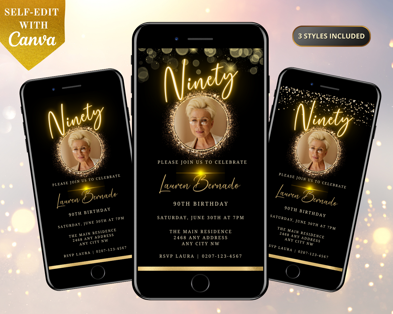 Group of smartphones displaying a customizable digital Gold Neon W/Oval Photo Frame | 90th Birthday Evite with a woman's photo.