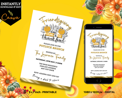 Elegant FriendsGiving Potluck | Thanksgiving Brunch Invitation displayed on a smartphone and a white card, showcasing customizable options via Canva for digital sharing.