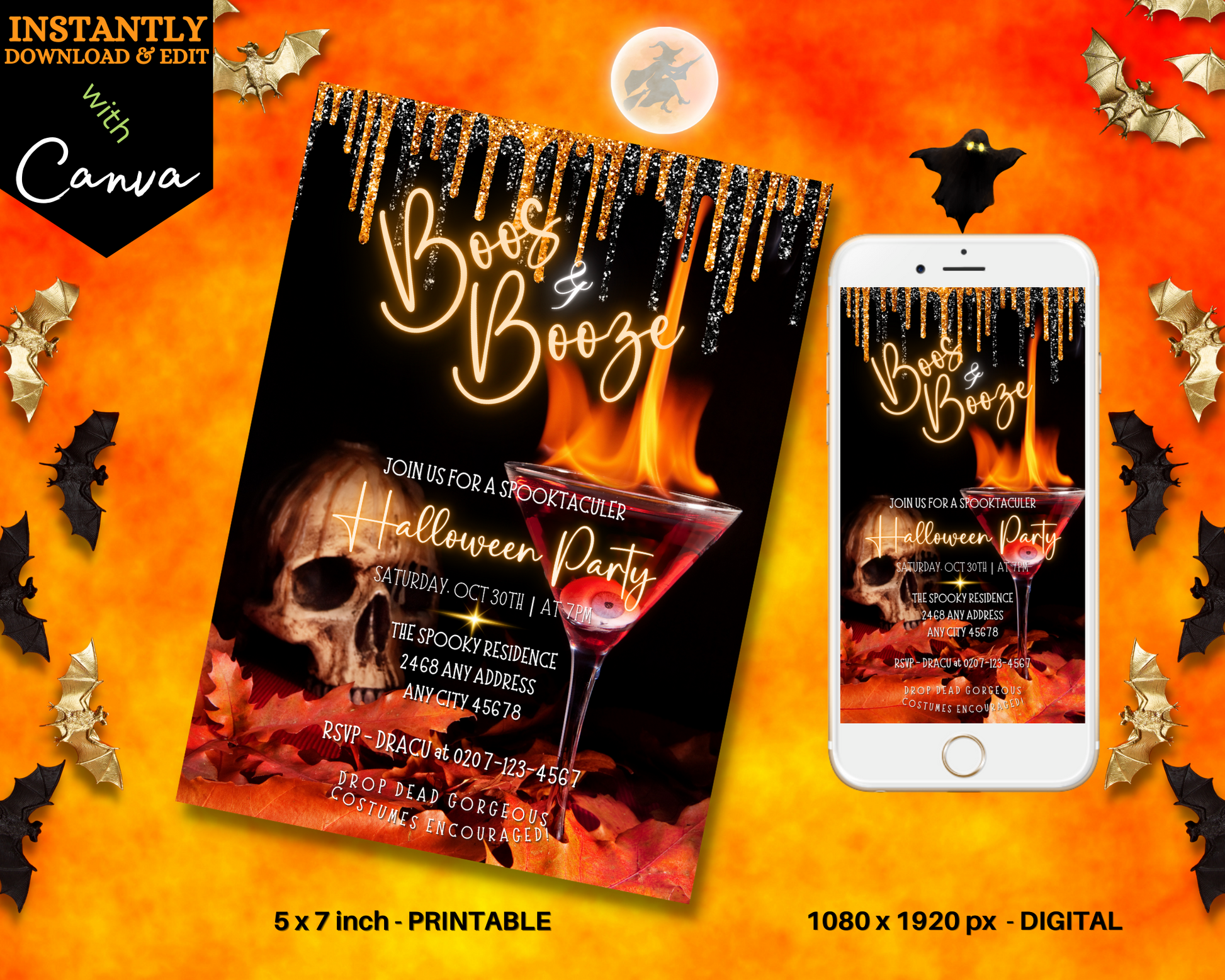 Cell phone displaying a Halloween party evite with a skull and flaming eyeball cocktail glass, alongside a matching poster.